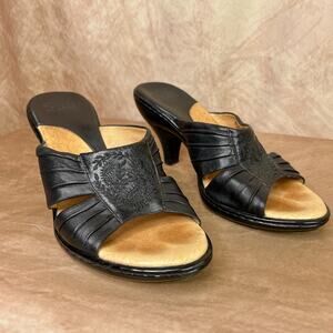 Y2K Embroidered Kitten Heel Sandals Black Leather Open Toe Whimsigoth Boho Indie